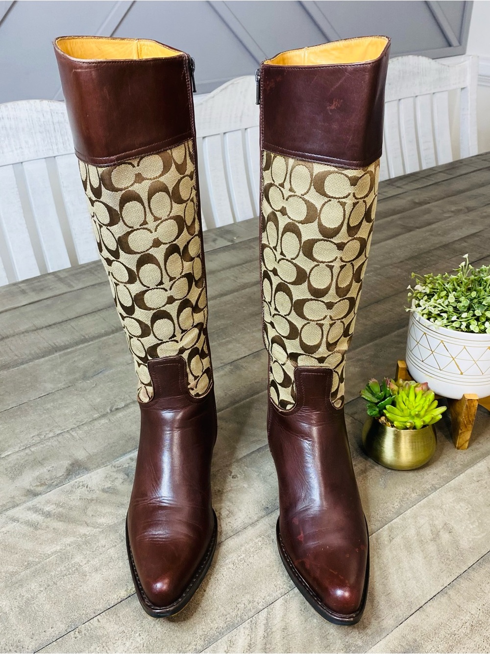 Coach Chrissi Signature Jacquard Leather Tall Riding Boots Brown Burgundy Sz 8 - Picture 3 of 10
